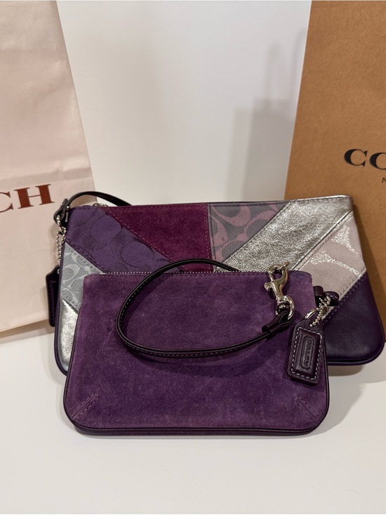 Coach Handbags - Coach Purple Suede & Metallic Patchwork Wristlet Duo